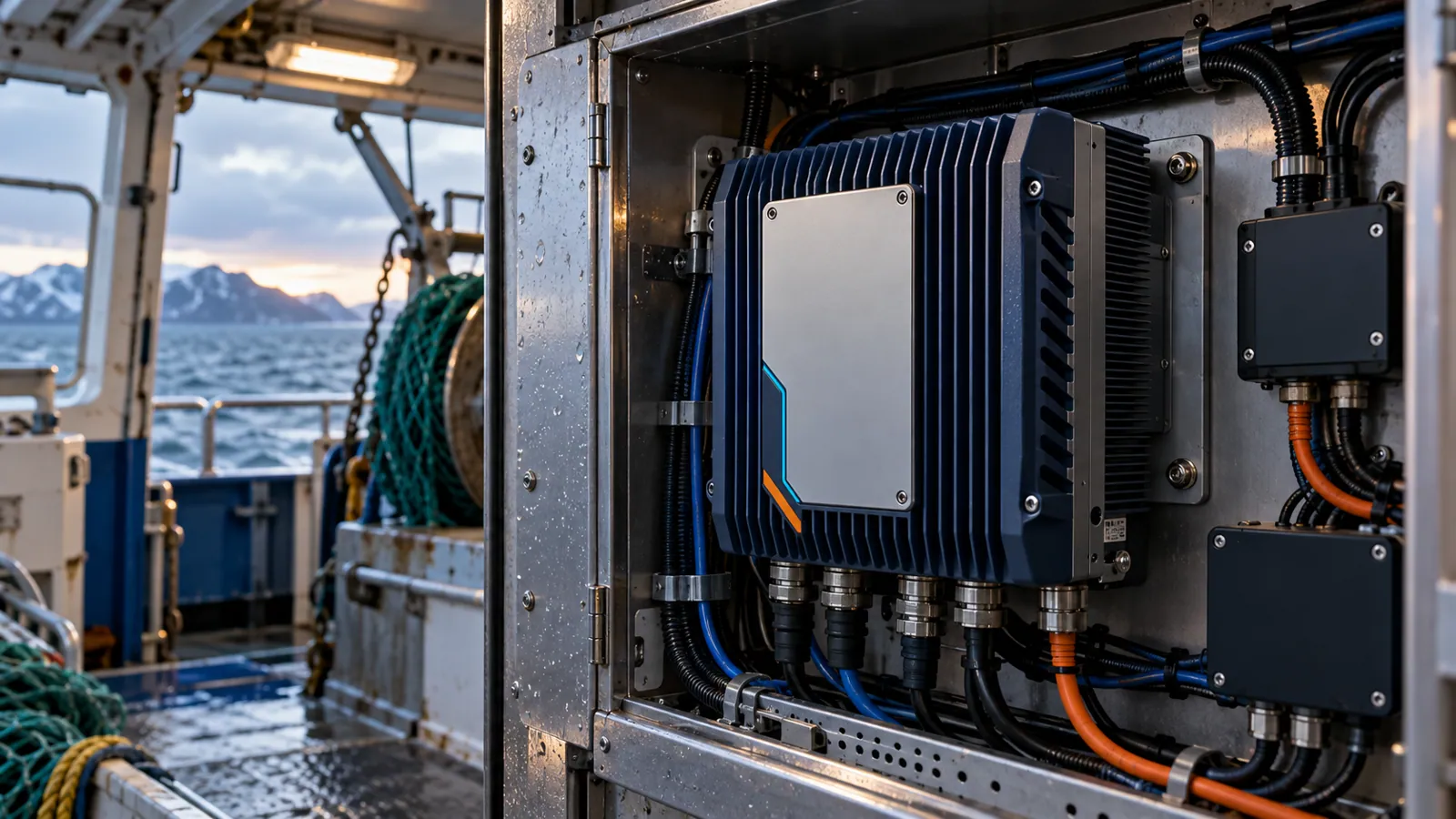 Visualização conceitual de um módulo de processamento local instalado em equipamento marítimo