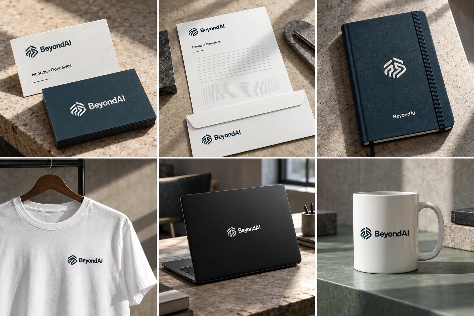 Mockups da BeyondAI em cartões, papelaria, caderno, camiseta, notebook e caneca